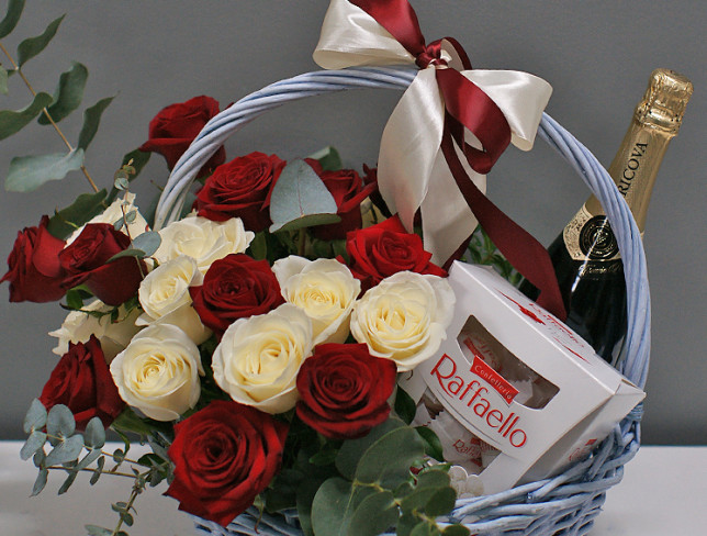 Basket with Red and White Roses, Raffaello, and Cricova Prestige White Brut Champagne photo